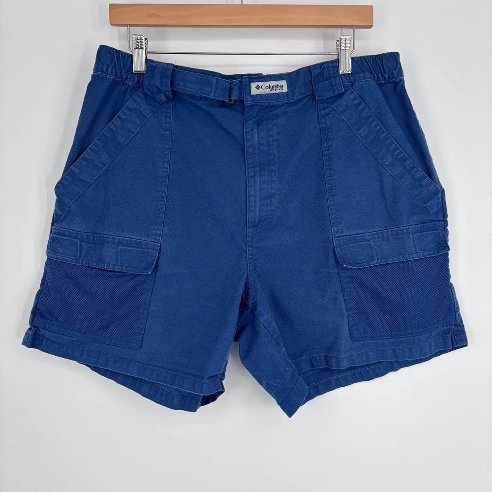 Columbia PFG Half Moon Cargo Shorts Men L Blue Cotton Mesh Pocket Fishing Hiking